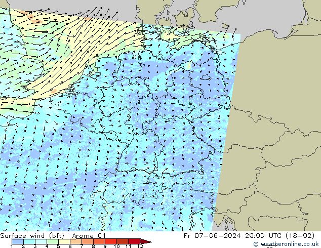Wind 10 m (bft) Arome 01 vr 07.06.2024 20 UTC