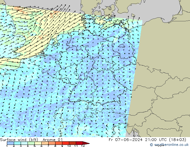 Vent 10 m (bft) Arome 01 ven 07.06.2024 21 UTC