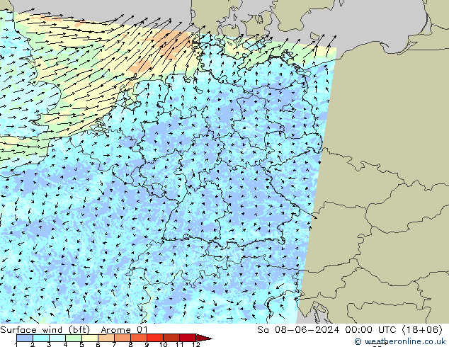 Bodenwind (bft) Arome 01 Sa 08.06.2024 00 UTC