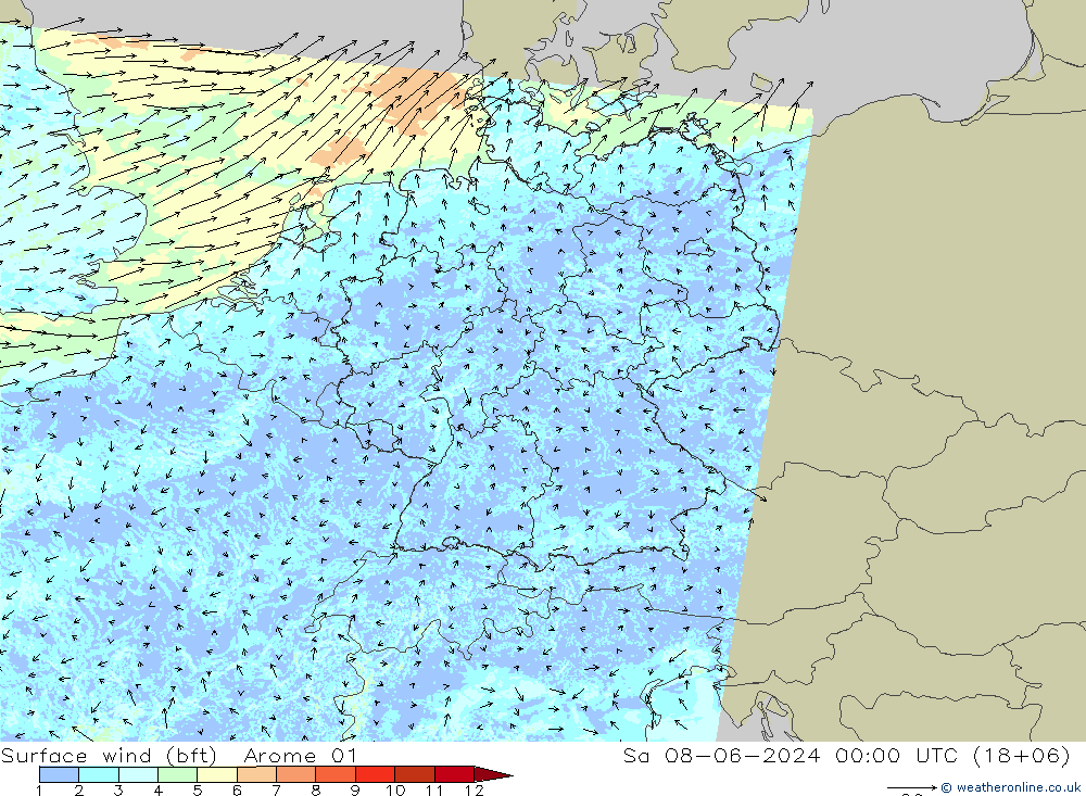 wiatr 10 m (bft) Arome 01 so. 08.06.2024 00 UTC