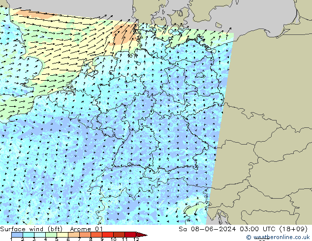 Vent 10 m (bft) Arome 01 sam 08.06.2024 03 UTC