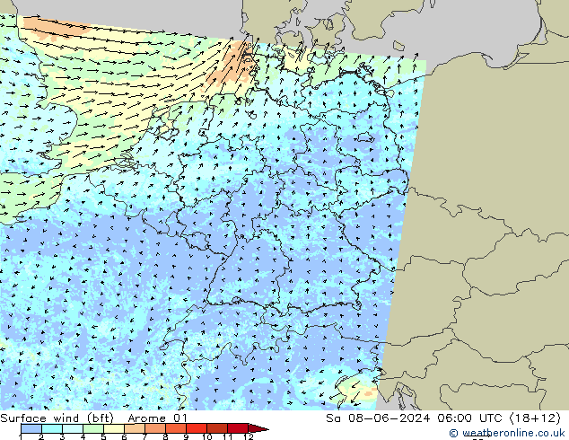 Surface wind (bft) Arome 01 So 08.06.2024 06 UTC