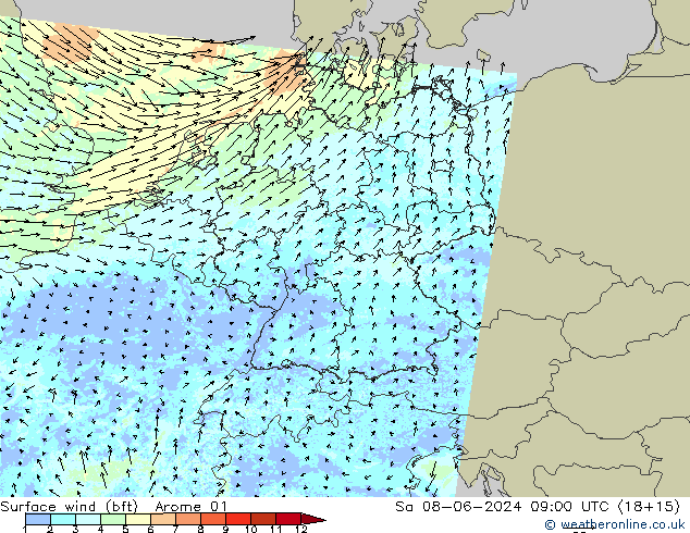 wiatr 10 m (bft) Arome 01 so. 08.06.2024 09 UTC