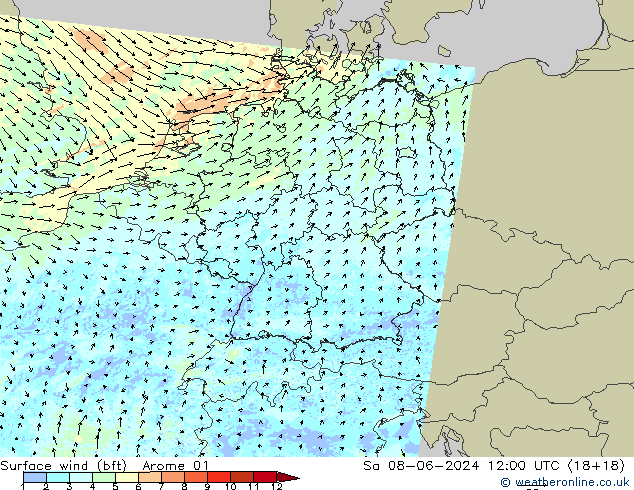 Vento 10 m (bft) Arome 01 sab 08.06.2024 12 UTC