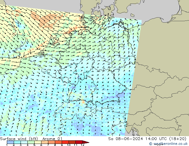 Bodenwind (bft) Arome 01 Sa 08.06.2024 14 UTC