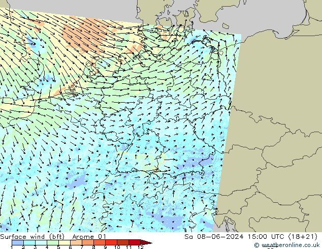 Surface wind (bft) Arome 01 Sa 08.06.2024 15 UTC