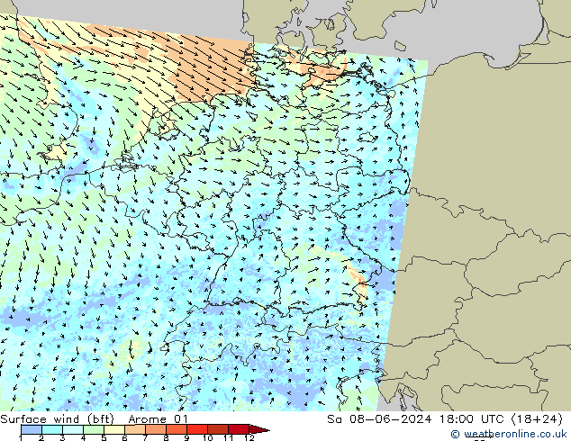 wiatr 10 m (bft) Arome 01 so. 08.06.2024 18 UTC