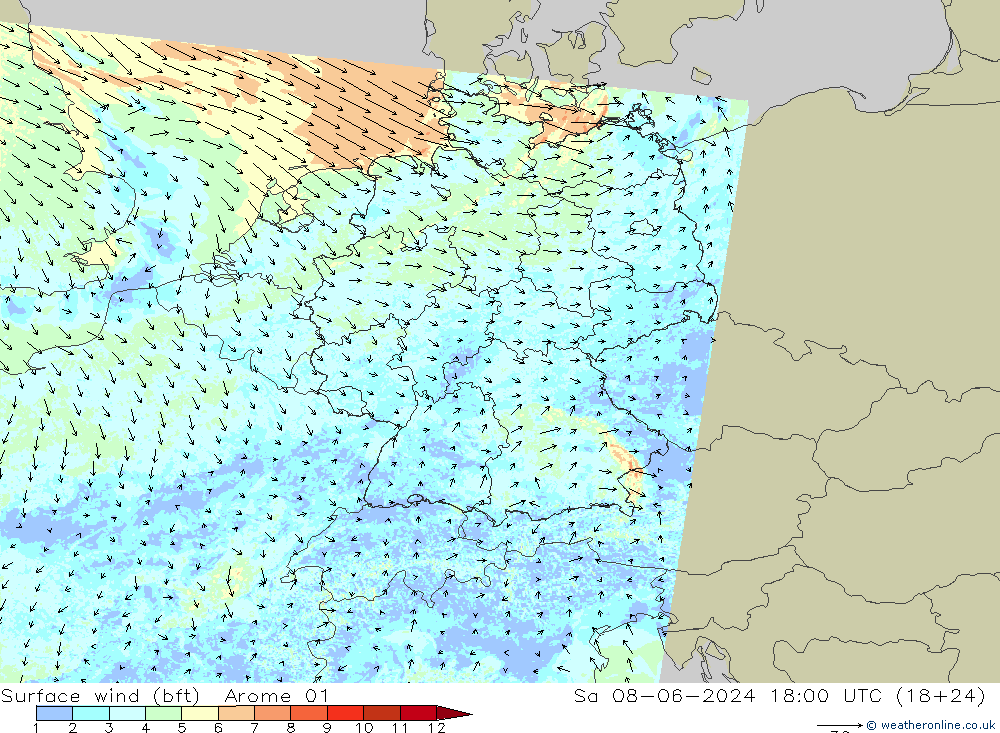 Surface wind (bft) Arome 01 Sa 08.06.2024 18 UTC