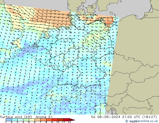 Rüzgar 10 m (bft) Arome 01 Cts 08.06.2024 21 UTC