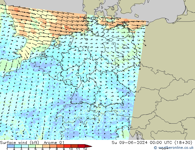 Vento 10 m (bft) Arome 01 dom 09.06.2024 00 UTC