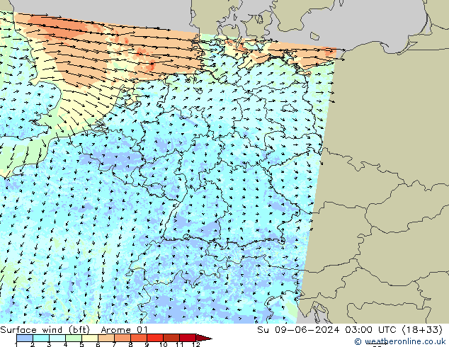 Wind 10 m (bft) Arome 01 zo 09.06.2024 03 UTC