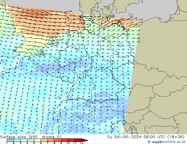 Viento 10 m (bft) Arome 01 dom 09.06.2024 06 UTC