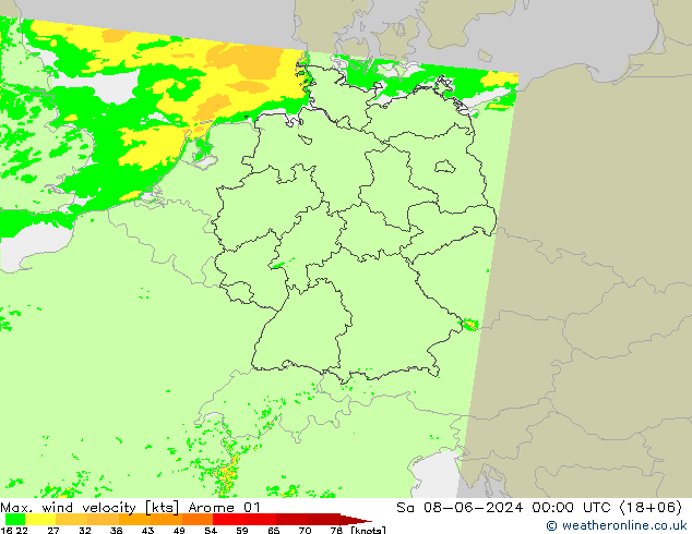 Max. wind velocity Arome 01  08.06.2024 00 UTC