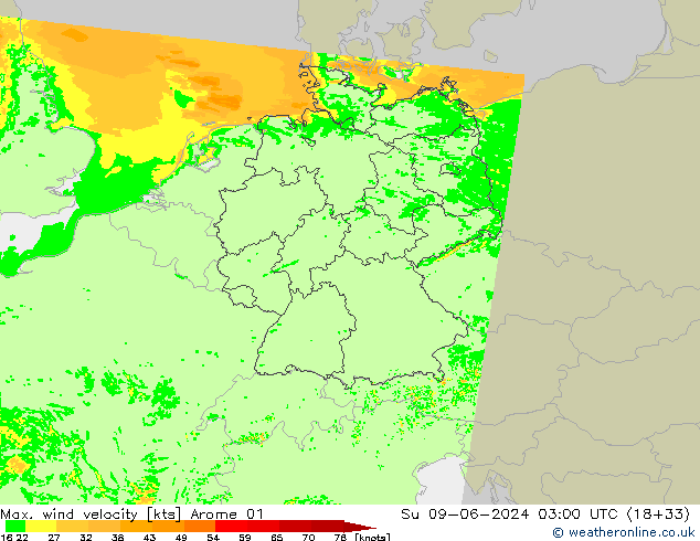 Maks. Rüzgar Hızı Arome 01 Paz 09.06.2024 03 UTC