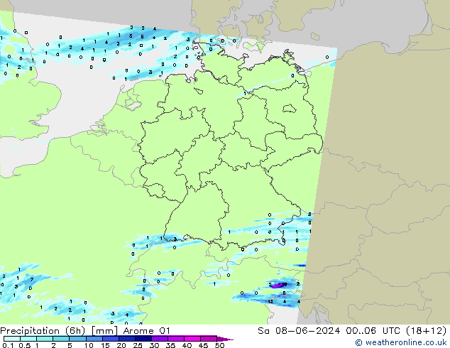 Totale neerslag (6h) Arome 01 za 08.06.2024 06 UTC