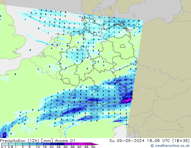 Totale neerslag (12h) Arome 01 zo 09.06.2024 06 UTC