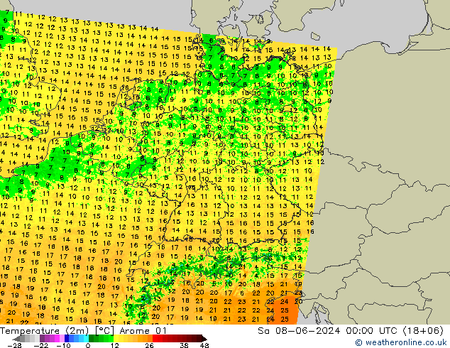 Temperature (2m) Arome 01 Sa 08.06.2024 00 UTC