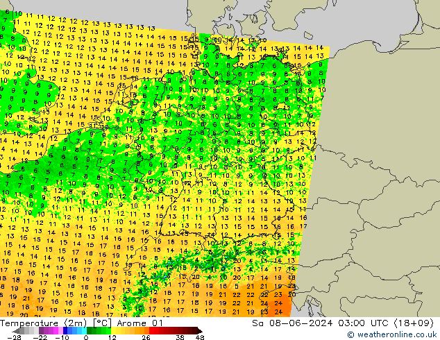 Temperatuurkaart (2m) Arome 01 za 08.06.2024 03 UTC