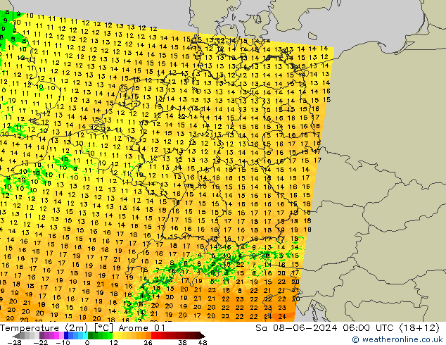 Temperatura (2m) Arome 01 Sáb 08.06.2024 06 UTC