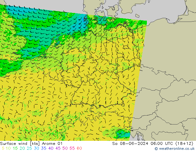 Wind 10 m Arome 01 za 08.06.2024 06 UTC