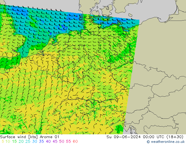 Surface wind Arome 01 Su 09.06.2024 00 UTC