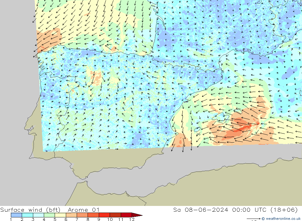 Surface wind (bft) Arome 01 Sa 08.06.2024 00 UTC