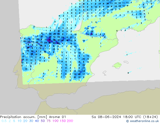 Precipitation accum. Arome 01 Sa 08.06.2024 18 UTC