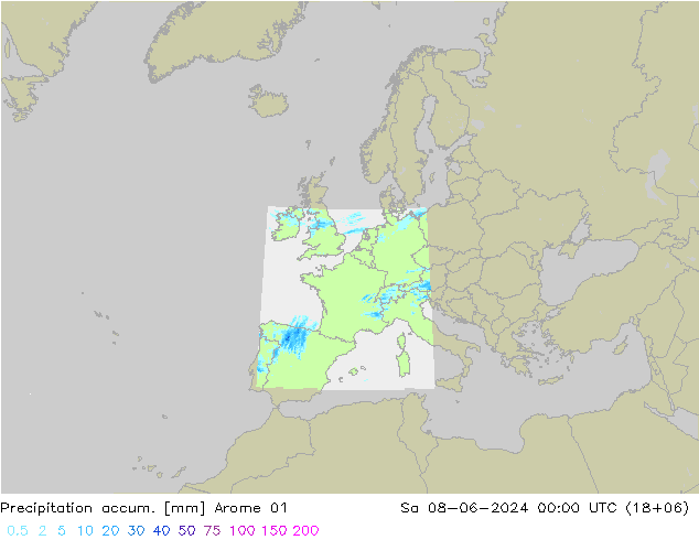 Precipitation accum. Arome 01 Sáb 08.06.2024 00 UTC
