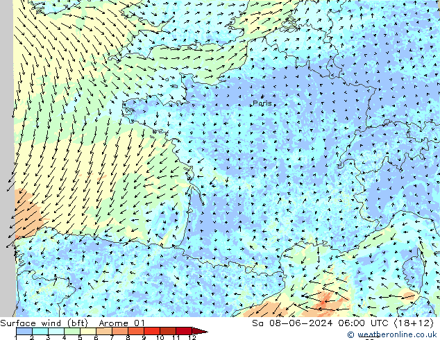 Surface wind (bft) Arome 01 Sa 08.06.2024 06 UTC