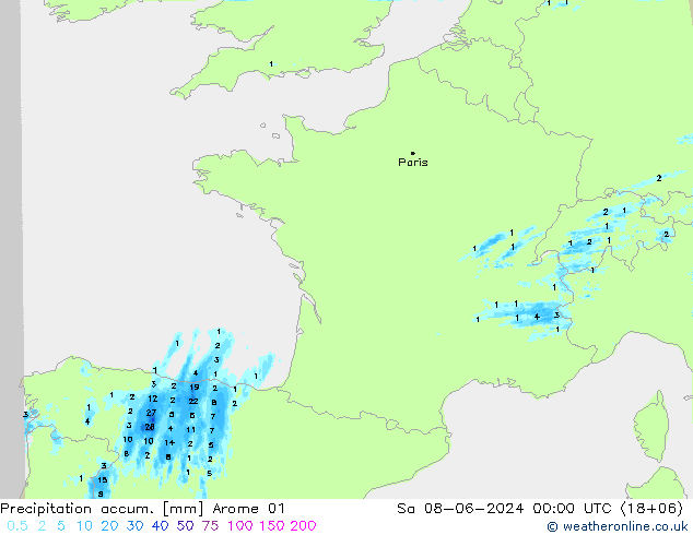 Precipitation accum. Arome 01 So 08.06.2024 00 UTC