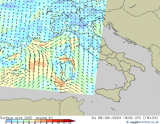 Surface wind (bft) Arome 01 Sa 08.06.2024 18 UTC