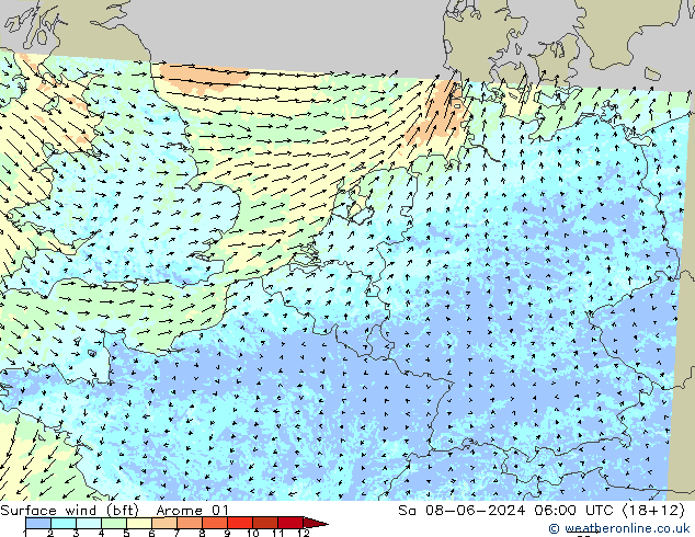 Surface wind (bft) Arome 01 Sa 08.06.2024 06 UTC