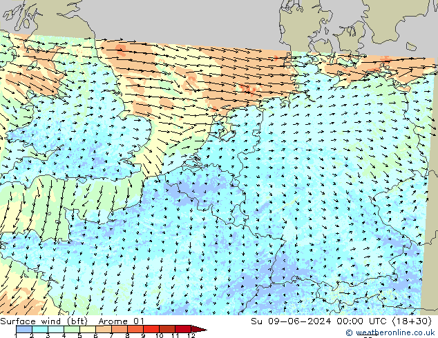 Bodenwind (bft) Arome 01 So 09.06.2024 00 UTC