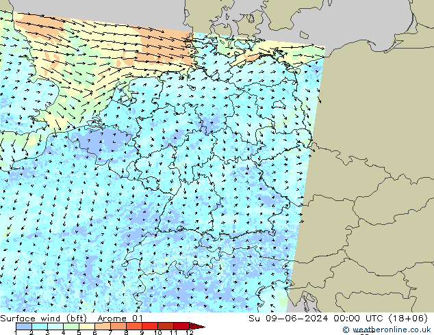 Vent 10 m (bft) Arome 01 dim 09.06.2024 00 UTC