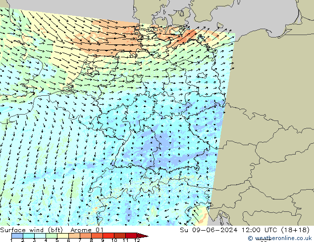 Surface wind (bft) Arome 01 Su 09.06.2024 12 UTC