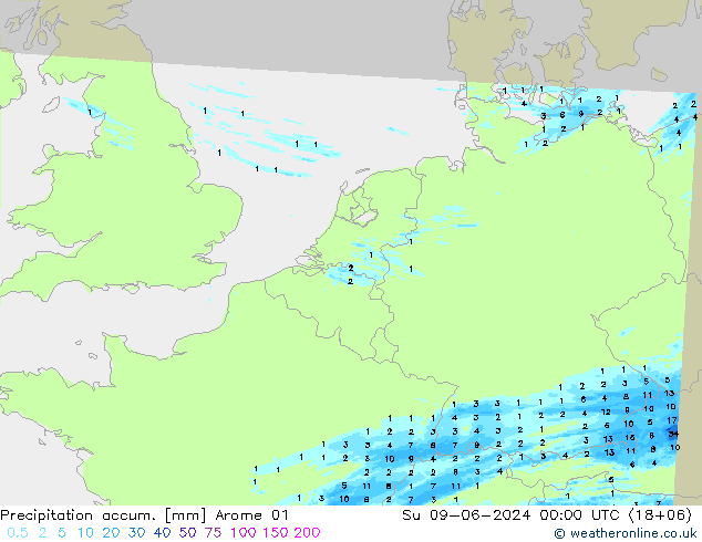 Precipitation accum. Arome 01 Su 09.06.2024 00 UTC