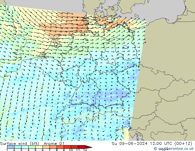 Wind 10 m (bft) Arome 01 zo 09.06.2024 12 UTC