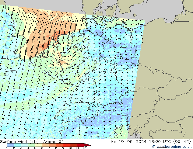 Rüzgar 10 m (bft) Arome 01 Pzt 10.06.2024 18 UTC