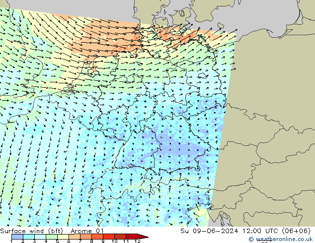 Surface wind (bft) Arome 01 Ne 09.06.2024 12 UTC