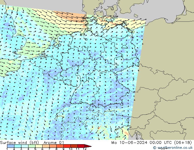 Surface wind (bft) Arome 01 Po 10.06.2024 00 UTC