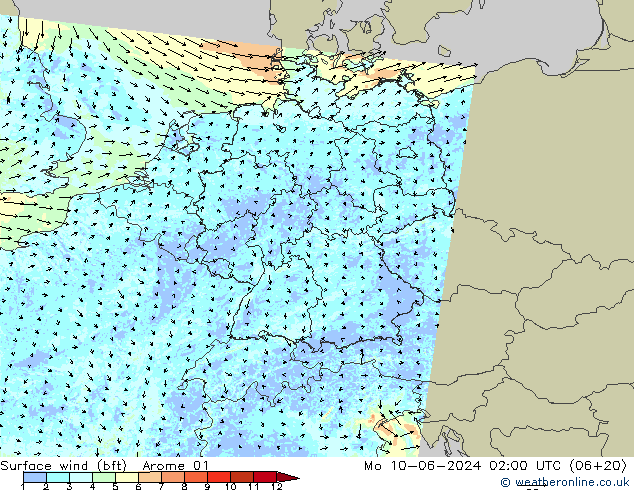 Surface wind (bft) Arome 01 Mo 10.06.2024 02 UTC