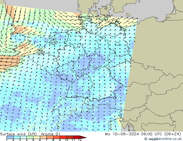 Rüzgar 10 m (bft) Arome 01 Pzt 10.06.2024 06 UTC
