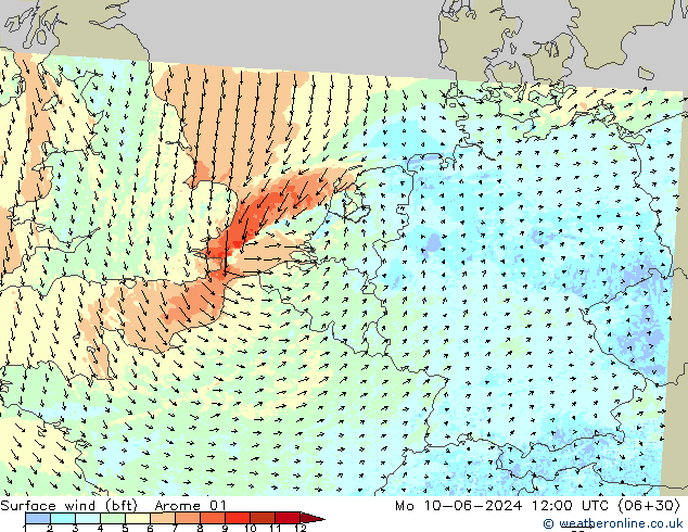 Wind 10 m (bft) Arome 01 ma 10.06.2024 12 UTC