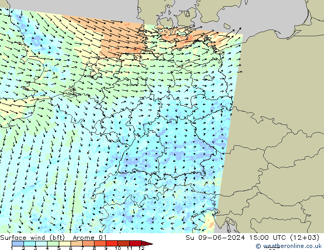 Rüzgar 10 m (bft) Arome 01 Paz 09.06.2024 15 UTC