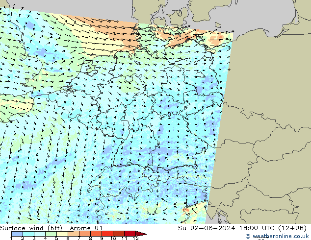 Surface wind (bft) Arome 01 Su 09.06.2024 18 UTC