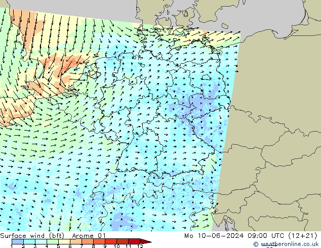Surface wind (bft) Arome 01 Mo 10.06.2024 09 UTC