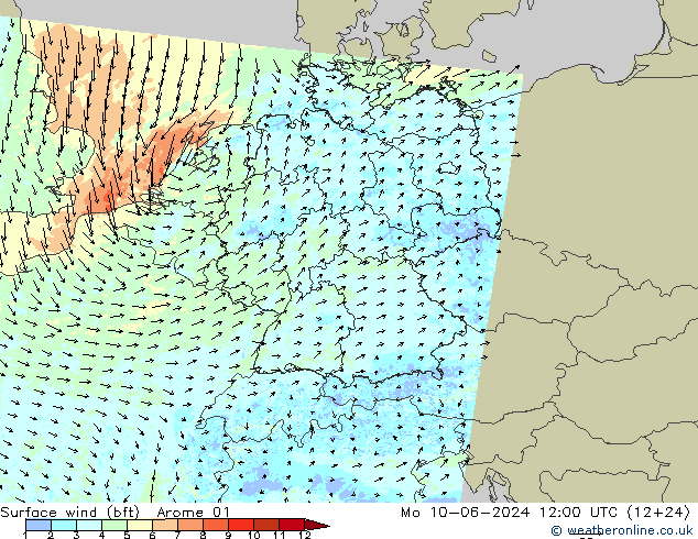 Surface wind (bft) Arome 01 Mo 10.06.2024 12 UTC