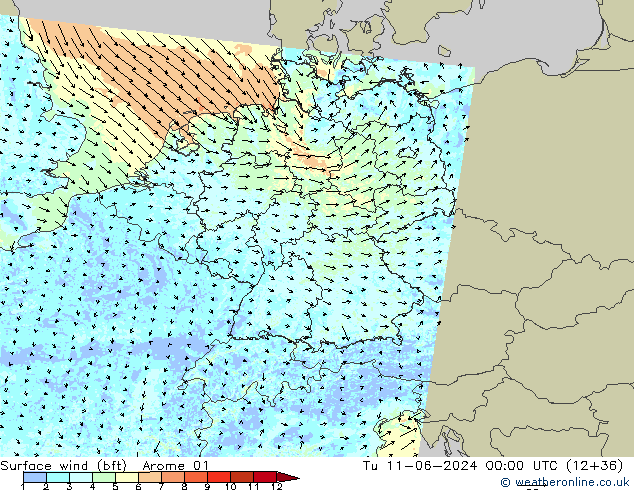 Surface wind (bft) Arome 01 Út 11.06.2024 00 UTC
