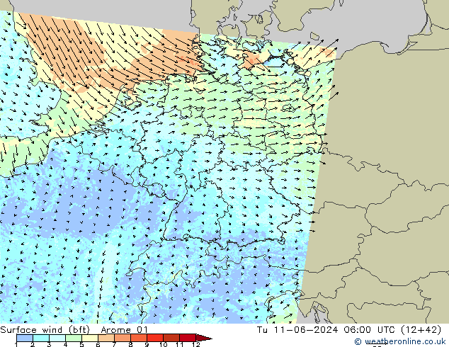 Wind 10 m (bft) Arome 01 di 11.06.2024 06 UTC