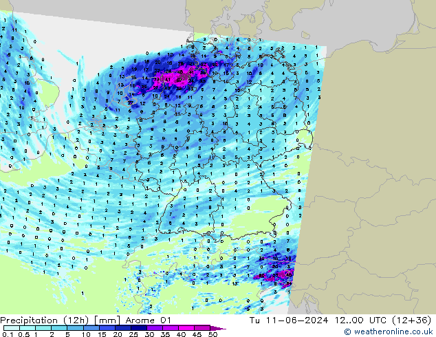 Precipitation (12h) Arome 01 Tu 11.06.2024 00 UTC